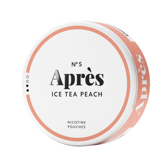 Detail close-up of the Ice Tea Peach pouch in a round container, showcasing peach and white branding.