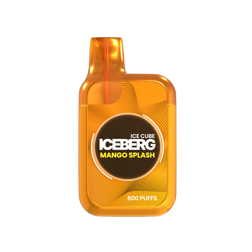 Front view of an orange bottle of Iceberg Mango Splash featuring a unique shape and logo on a white background