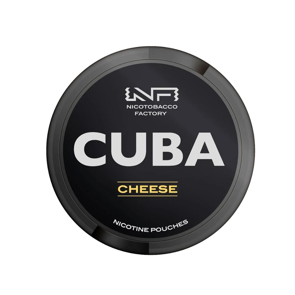 Detail close-up of Cuba Black Cheese nicotine pouch in a round black and gold container with label text.