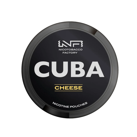 Detail close-up of Cuba Black Cheese nicotine pouch in a round black and gold container with label text.