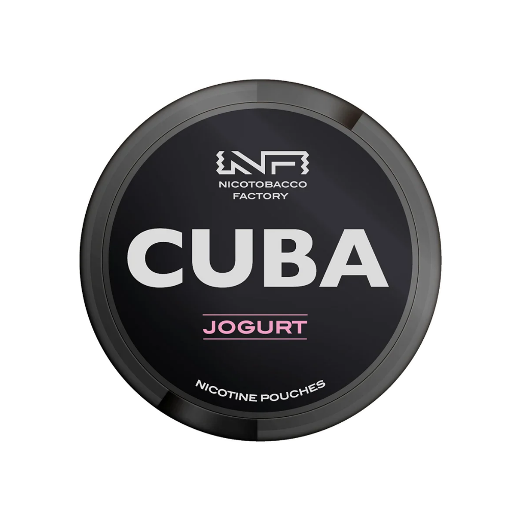 Detail close-up of Cuba Jogurt Strawberry nicotine pouch packaging featuring bold text on a transparent background