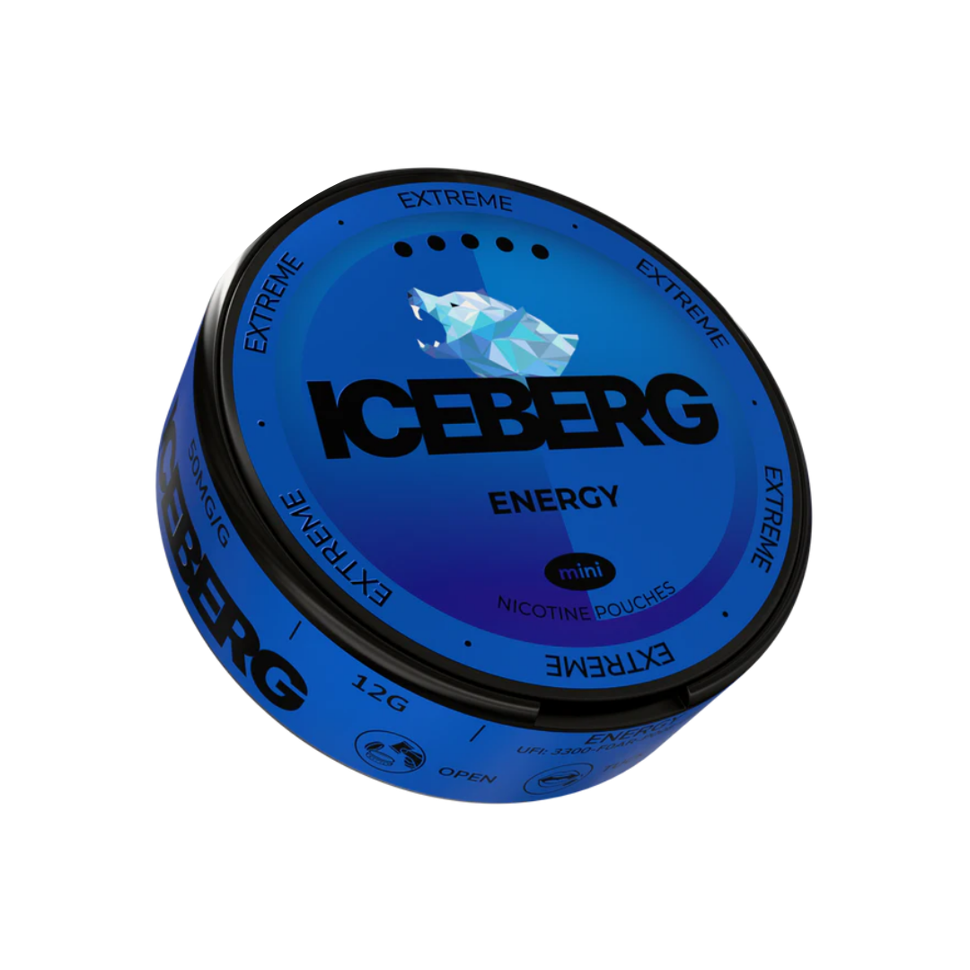 Detail close-up of the blue Iceberg energy pouch can featuring a fish graphic and label design.