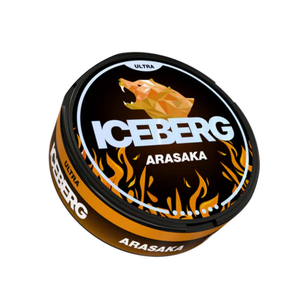 Detail close-up of the Iceberg Arasaka snuff can featuring a flame design in black, orange, and white.