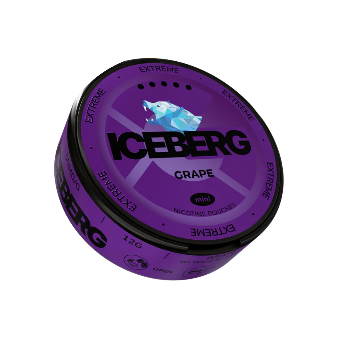 Detail close-up of the purple Iceberg can with a fish graphic and label text on a transparent background.