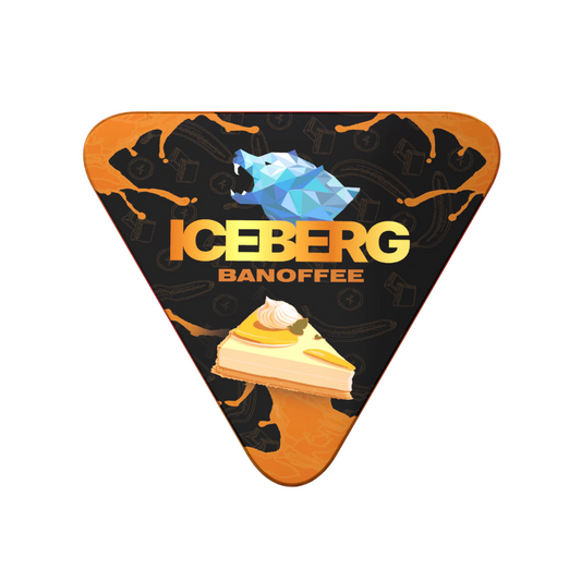 Front view of the Iceberg Banoffee pouch in a triangular metal can, featuring orange, black, and blue colors with graphic…