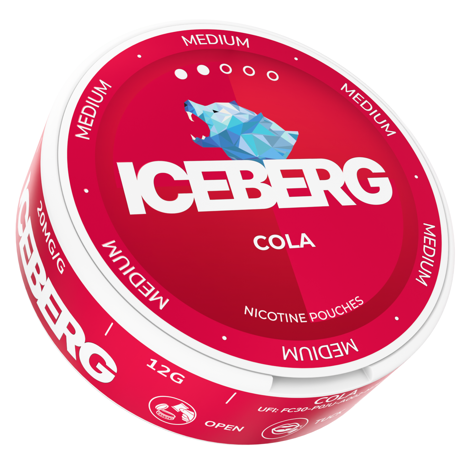 Front view of the red and white Iceberg Cola 20mg snus can with bold text and flavor label.