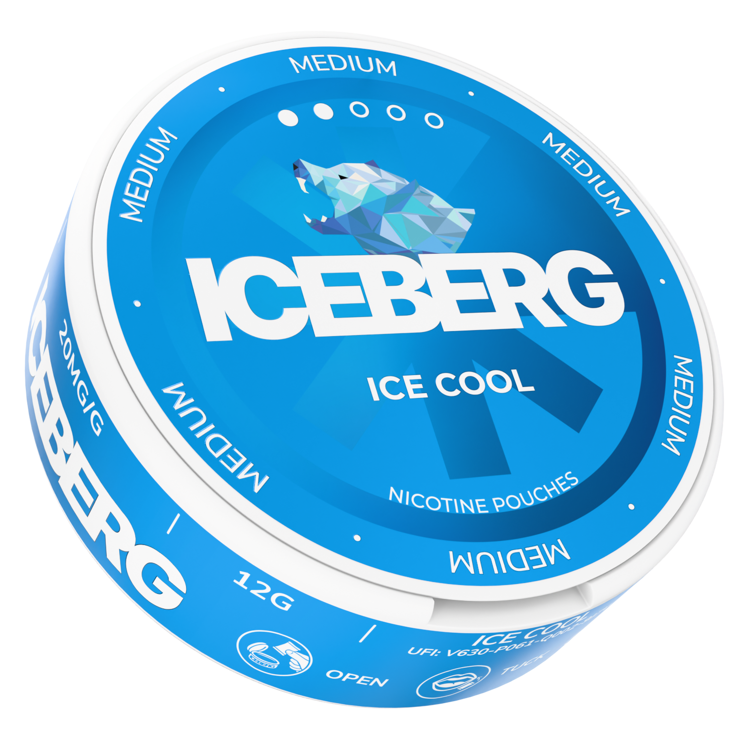Front view of the blue and white snus can showcasing bold text and ice cool flavor.