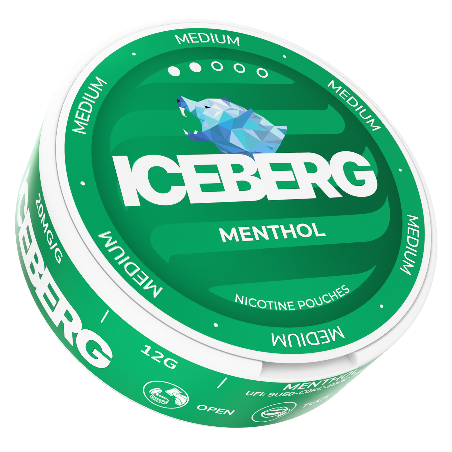 Front view of the green and white circular can showcasing graphic design and label text.