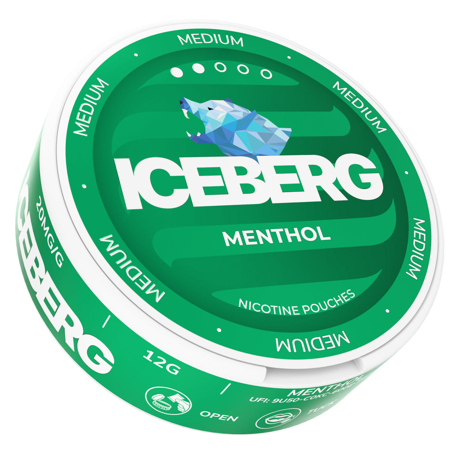 Front view of the green and white circular can showcasing graphic design and label text.