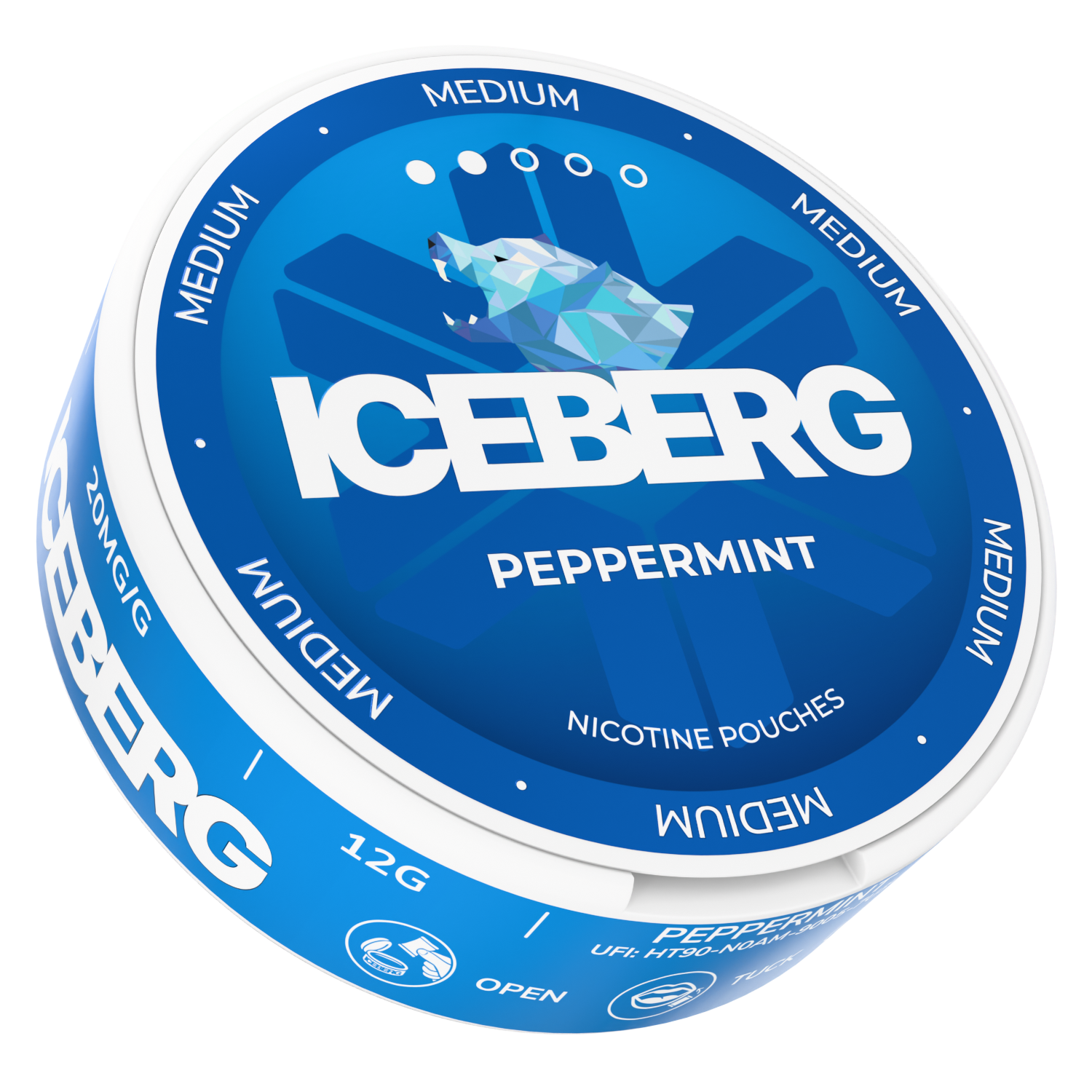 Front view of the blue and white peppermint tobacco can featuring peppermint flavor.