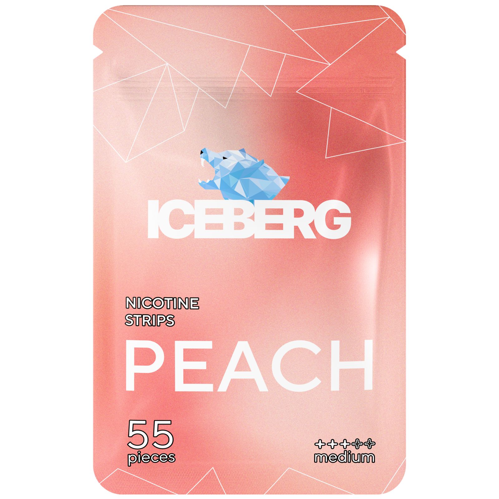 Front view of Iceberg Peach nicotine strips packaging featuring transparent design, pink and white colors, and flavor label.