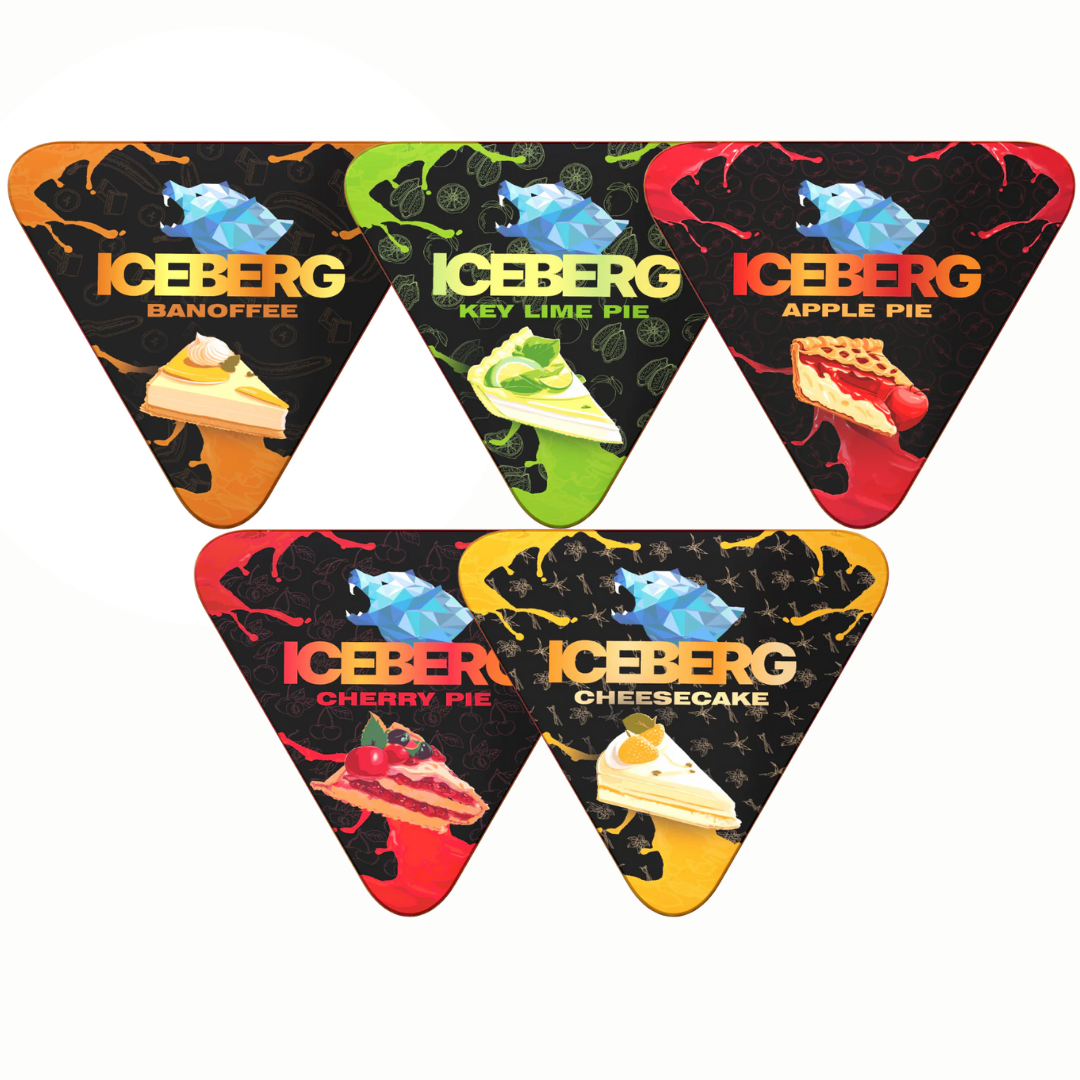 Triangular packaging of Iceberg Pie Mixpack with vibrant red, green, yellow, and black colors.
