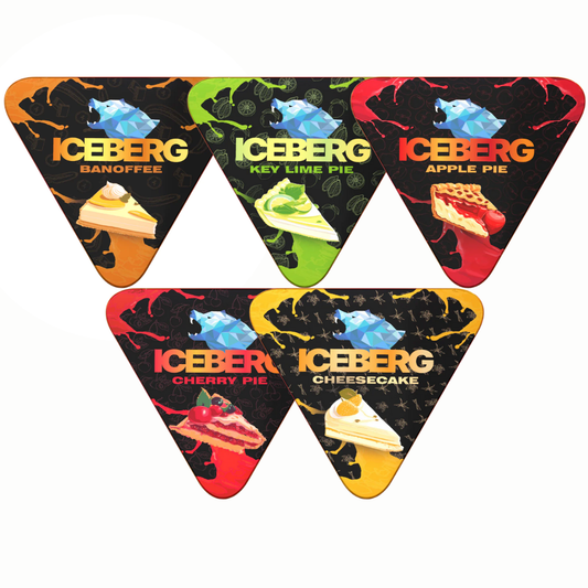 Triangular packaging of Iceberg Pie Mixpack with vibrant red, green, yellow, and black colors.