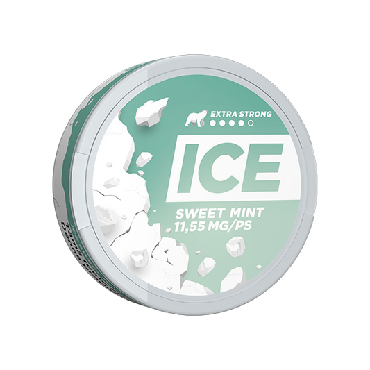 Front view of a mint green circular tin with a label design and screw top, featuring Ice Sweet Mint.