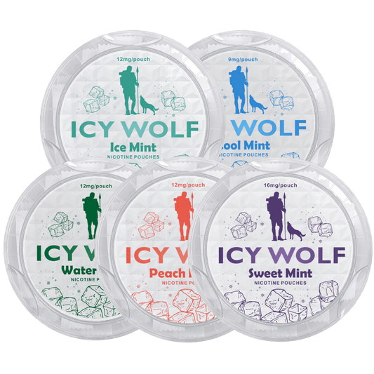 Packaging shot of the Icy Wolf mix pack featuring blue, green, and purple colors with five containers and flavor labels.