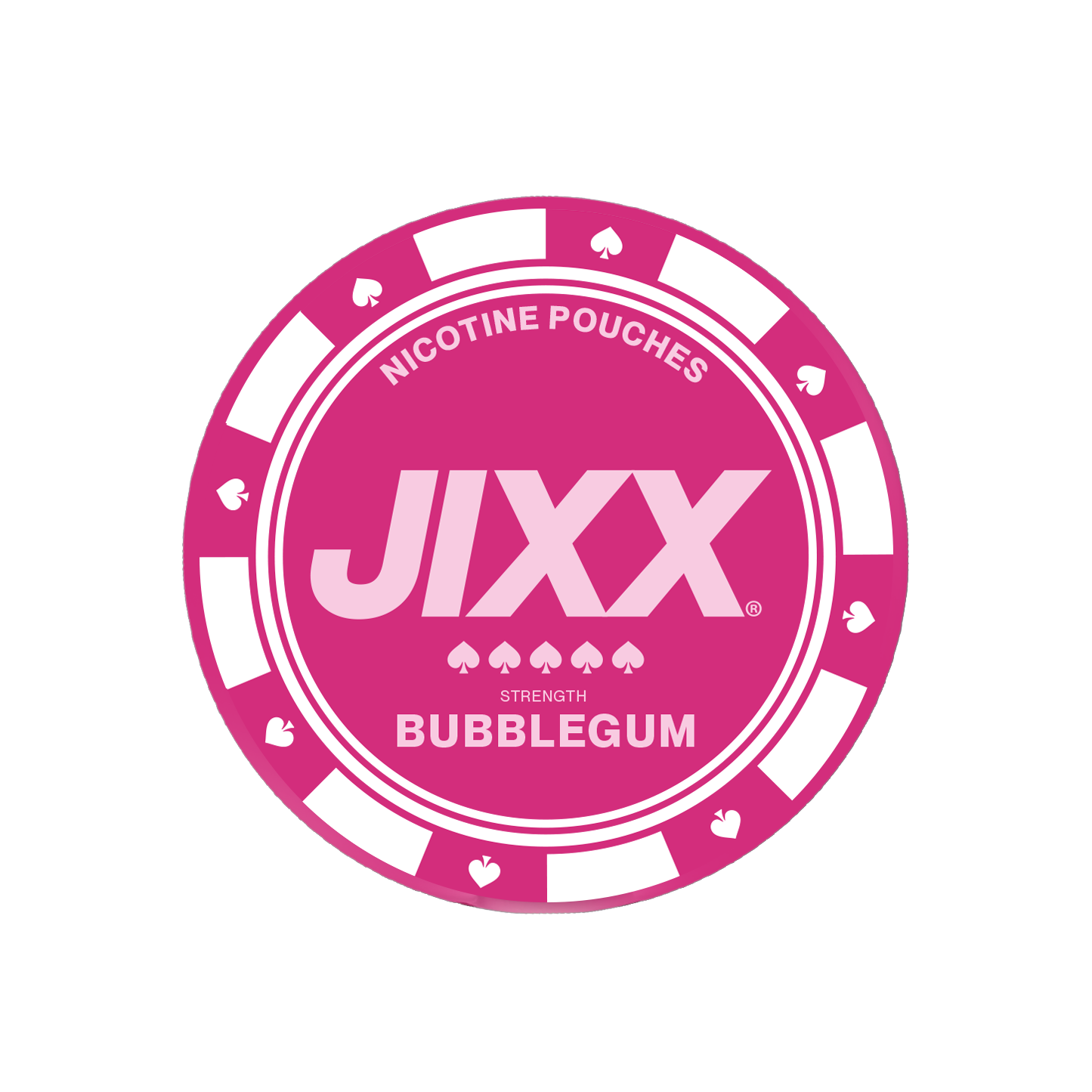 Close-up of a pink poker chip featuring a circular shape and logo on a transparent background