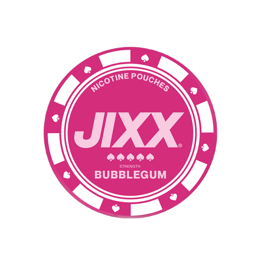 Close-up of a pink poker chip featuring a circular shape and logo on a transparent background