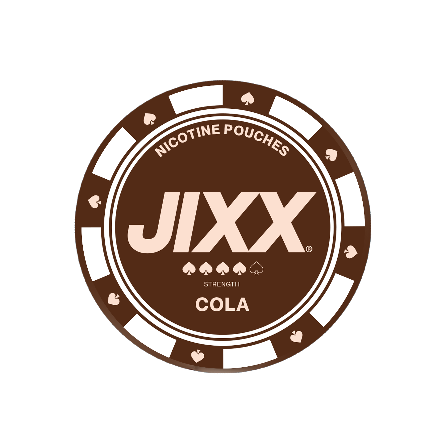 Front view of the Jixx Cola logo featuring a circular design in brown and white on a transparent background.