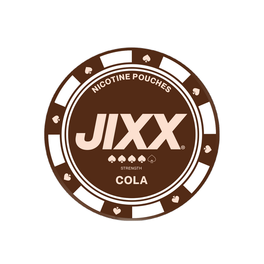 Front view of the Jixx Cola logo featuring a circular design in brown and white on a transparent background.