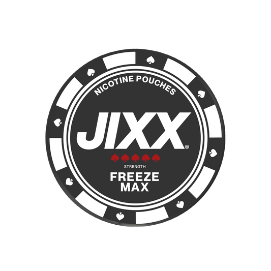 Close-up of a circular poker chip featuring a black, white, and red logo design on a transparent background.