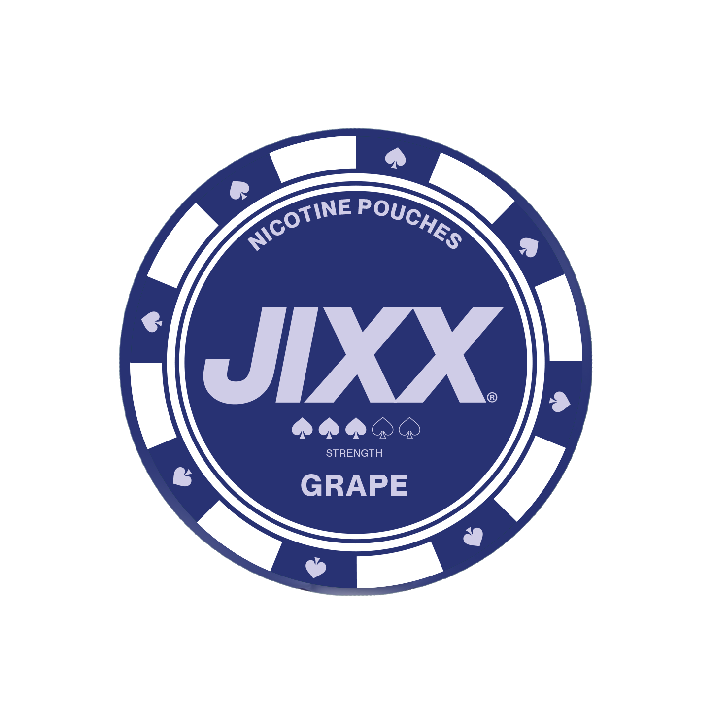 Close-up detail of the circular Jixx Grape nicotine pouch featuring blue and white text logo on a transparent background.