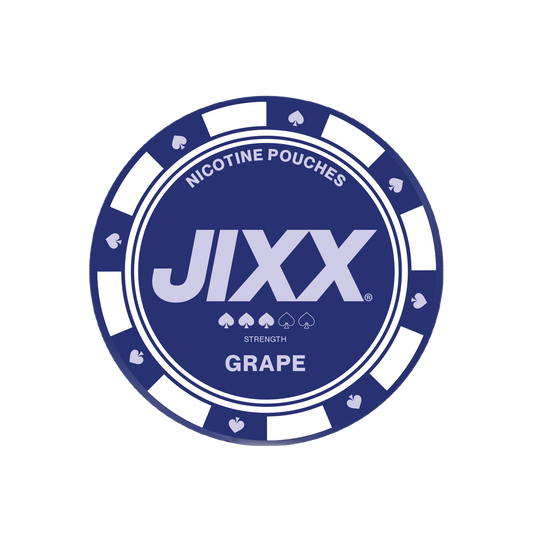 Close-up detail of the circular Jixx Grape nicotine pouch featuring blue and white text logo on a transparent background.