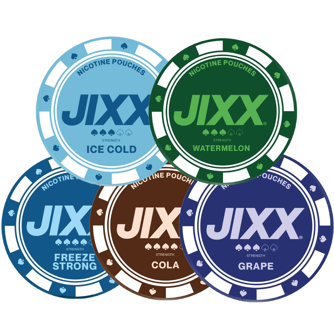 Close-up of the Jixx Mixpack featuring various circular nicotine pouches in blue, green, and brown colors.