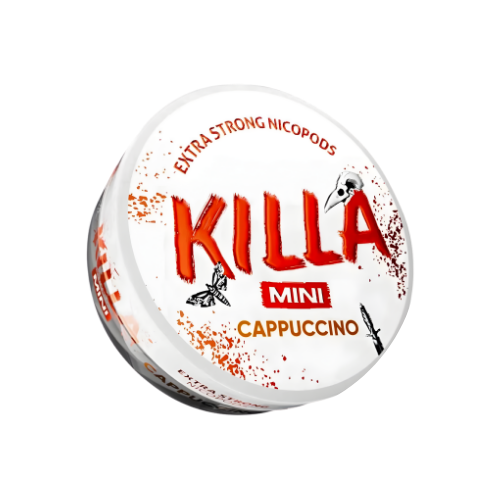 Front view of Killa Mini Cappuccino snus can featuring white and red colors with cappuccino flavor design.