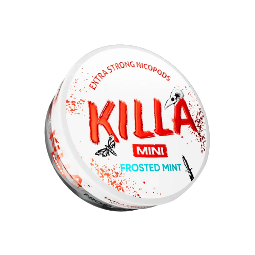 Detail close-up of Killa Mini Frosted Mint snus can featuring frosted mint flavor, in white, red, and black colors.