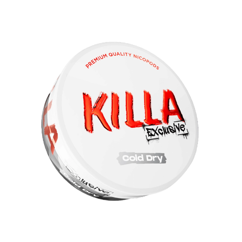 Detail close-up of Killa Exclusive Cold Dry snus can featuring bold red and white brand logo on a transparent background.