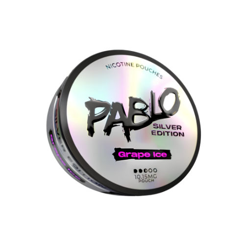 Detail close-up of the iridescent silver and black packaging featuring bold text of Pablo Silver Edition Grape Ice.