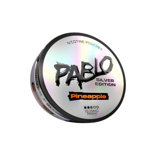 Detail close-up of the silver round tin with iridescent finish and branding text