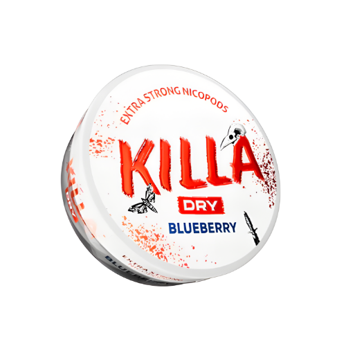 Detail close-up of Killa Dry Blueberry Snus can featuring blueberry flavor, circular design in white, red, and blue colors.