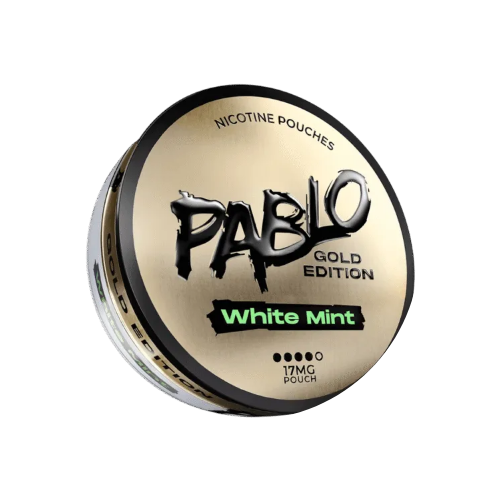 Detail close-up of the round gold container with logo and screw top, featuring the Pablo Gold Edition White Mint.