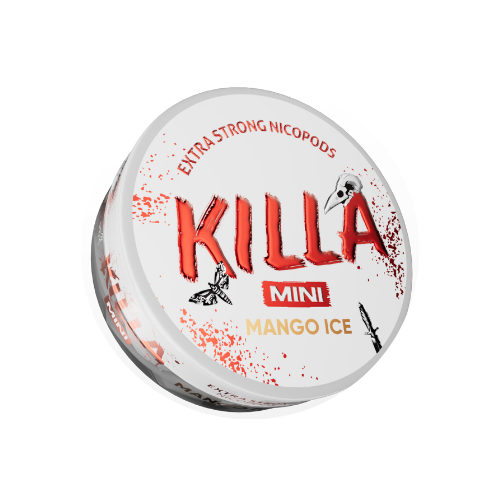 Front view of the circular Killa Mini Mango Ice snus can featuring a graphic design and brand logo on a transparent backgr…