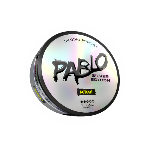 Detail close-up of Pablo Silver Edition Kiwi pouches featuring iridescent packaging and a bold silver and black logo.