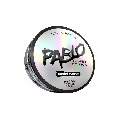 Detail close-up of the silver iridescent packaging of Pablo Cold Mint in a circular tin.