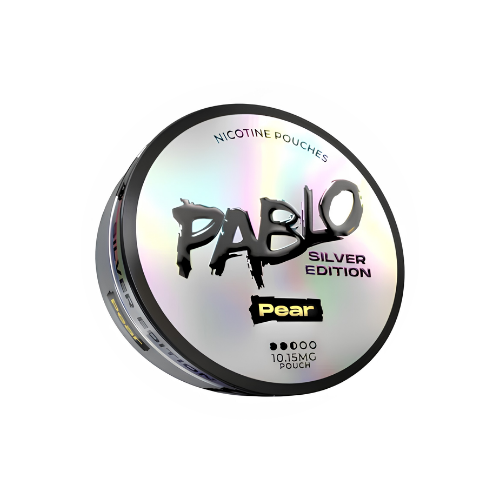 Detail close-up of the silver circular tin with iridescent finish and label text for Pablo Silver Edition Pear