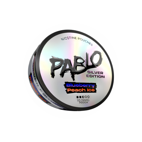 Detail close-up of Pablo Silver Edition Blueberry Peach Ice featuring a holographic finish and silver accents.