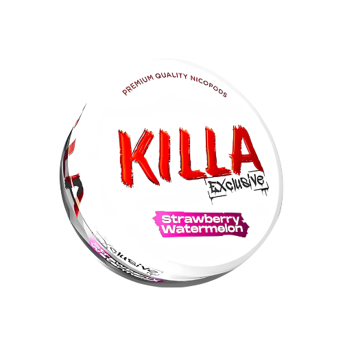 Detail close-up of Killa Exclusive Strawberry Watermelon snus packaging featuring bold text and a round container in white…
