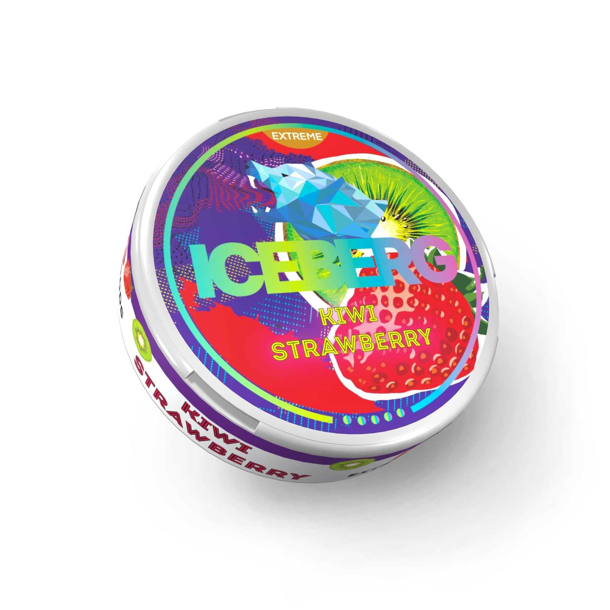 Front view of a colorful tin can of Iceberg Strawberry Kiwi snus, featuring vibrant red, blue, green, and yellow design.