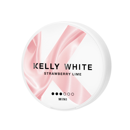 Detail close-up of the smooth, round container of Kelly White Strawberry Lime, showcasing its pink and white design.