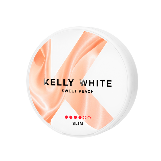 Detail close-up of the Kelly White Sweet Peach Strong pouch showing smooth texture and peach color on a transparent backgr…