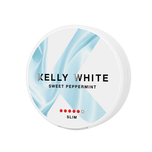 Front view of Kelly White Sweet Peppermint Extra Strong in a circular container with a blue label on a transparent background