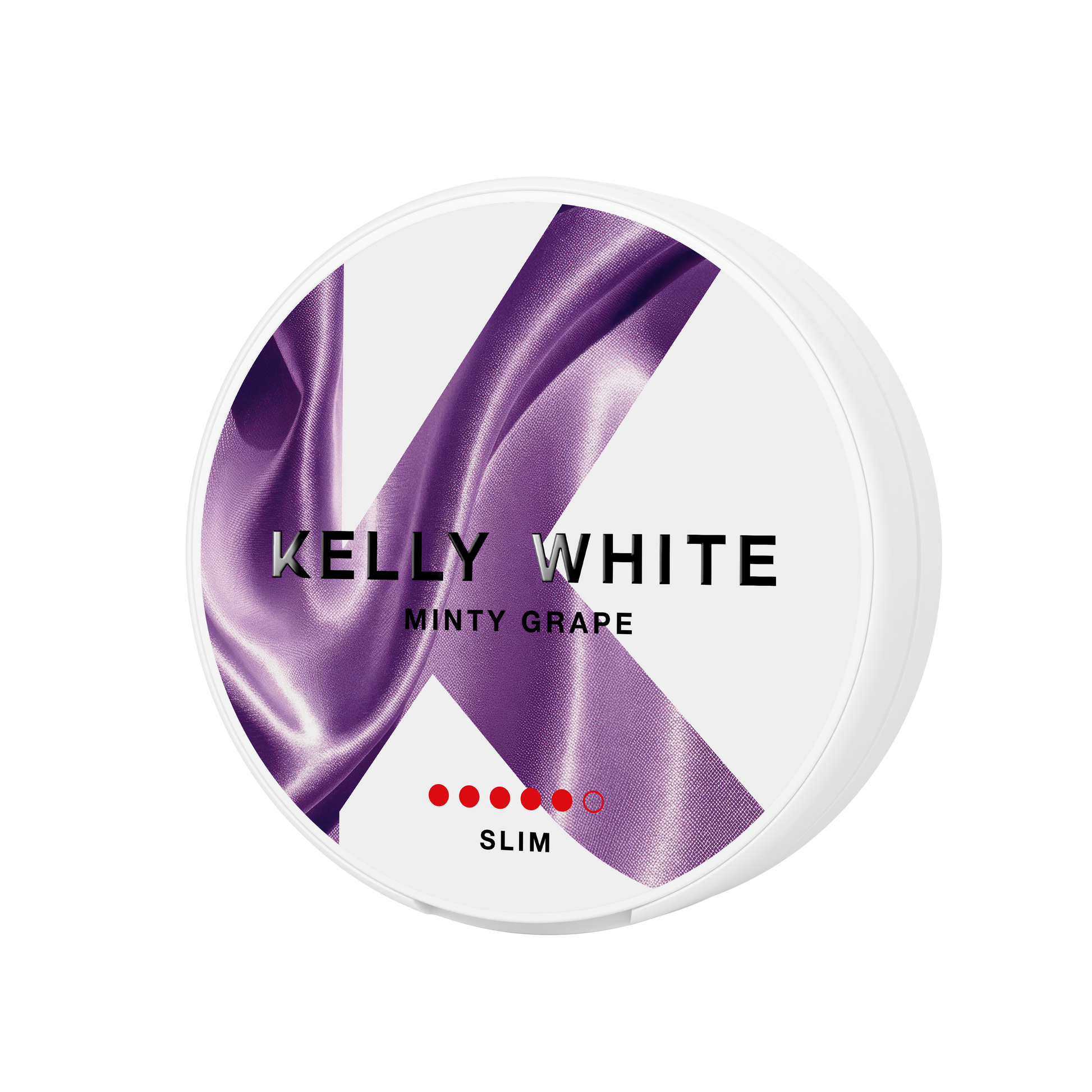 Detail close-up of the round container for Kelly White Minty Grape, featuring a smooth texture and purple label design.