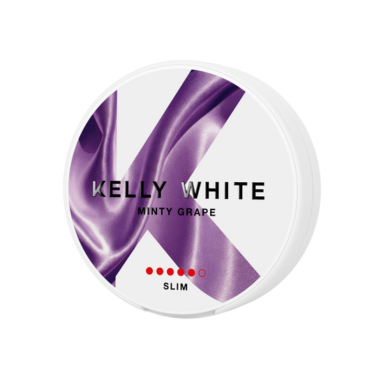 Detail close-up of the round container for Kelly White Minty Grape, featuring a smooth texture and purple label design.