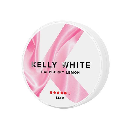 Side view of Kelly White Raspberry Lemon snus can with a pink label and marble design.