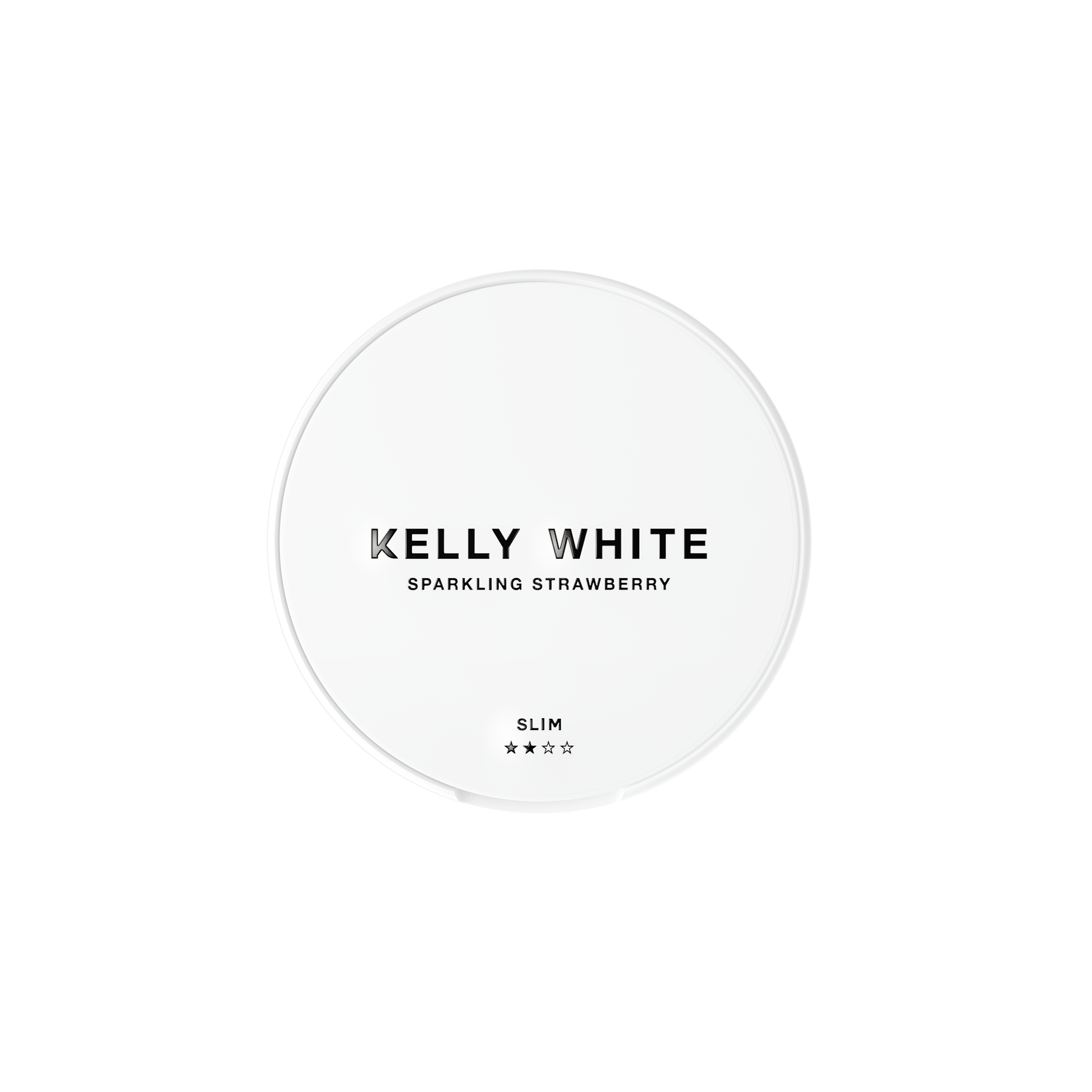 Front view of Kelly White Sparkling Strawberry in a round container with a label design on a transparent background.