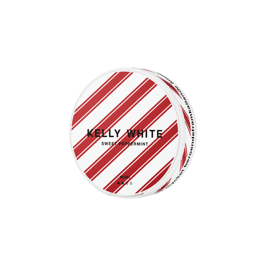 Side view of the striped peppermint tin in red and white with a circular design.