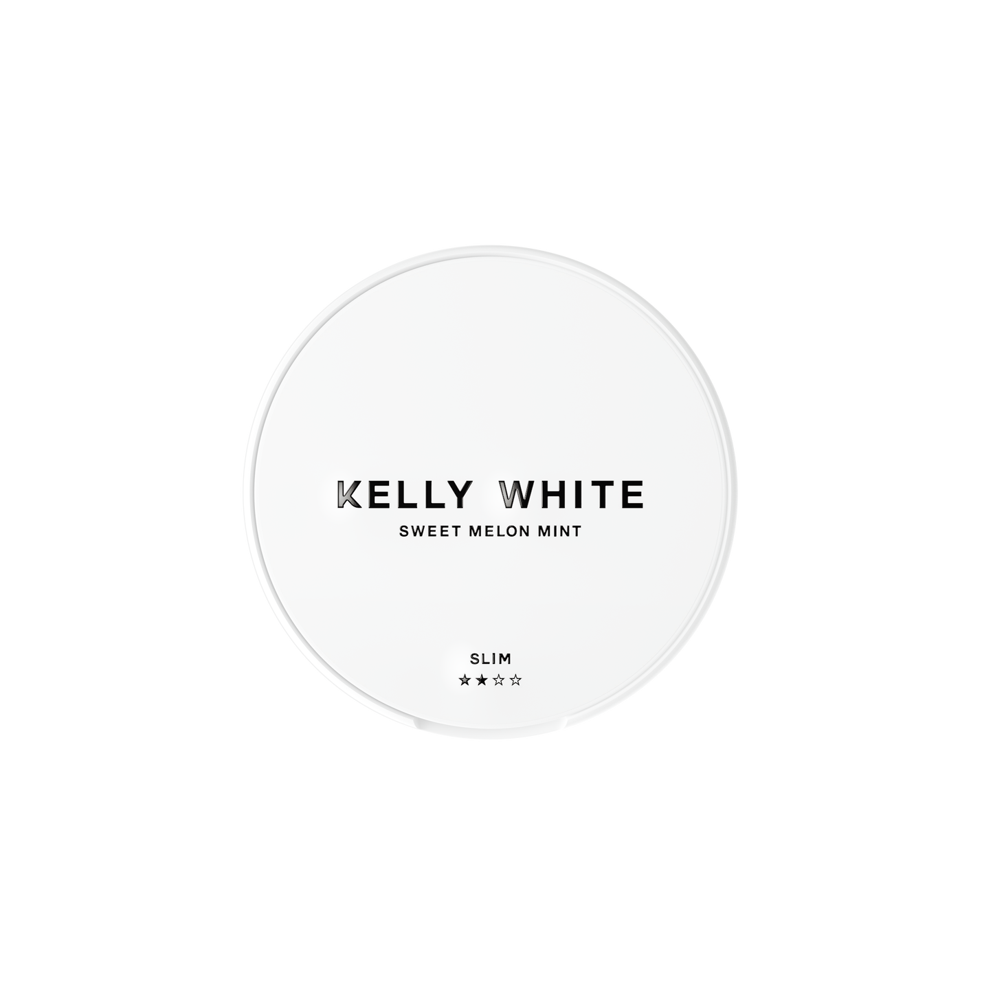 Front view of Kelly White Sweet Melon Mint in a round container with bold lettering and white, green colors.